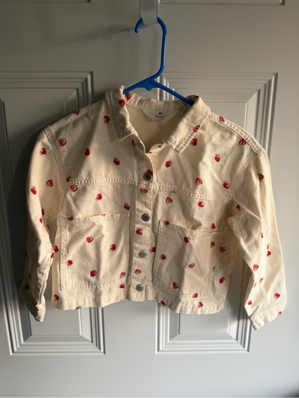 H&M Cream Jean Jacket with Red Strawberry Print